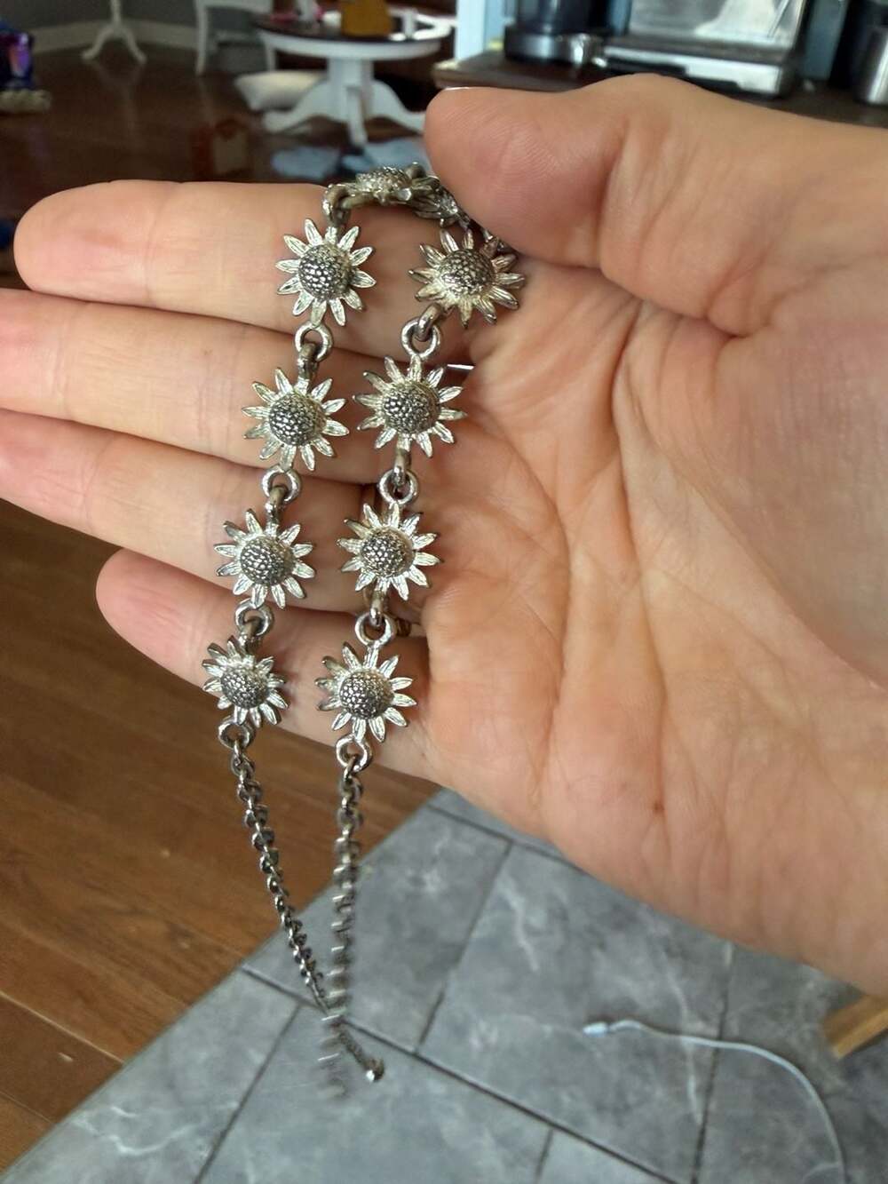 Vintage Silver-Tone Sunflower Link Necklace Boho Floral Statement Jewelry